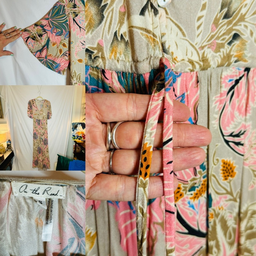 On the Road Floral Boho Hippie Chic Maxi Dress, Breathes & Flows, Size Small